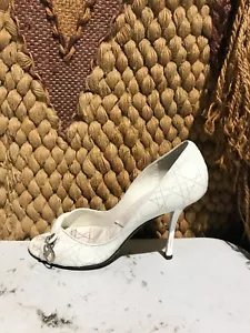 Christian Dior Off-white Cannage Leather Open Toe Heels 37.5 US Size 7.5 - Picture 1 of 8