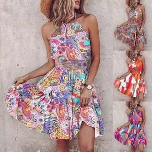 UK Ladies Summer Boho Floral Backless Dresses Holiday Halterneck MINI Dress SIZE - Picture 1 of 12