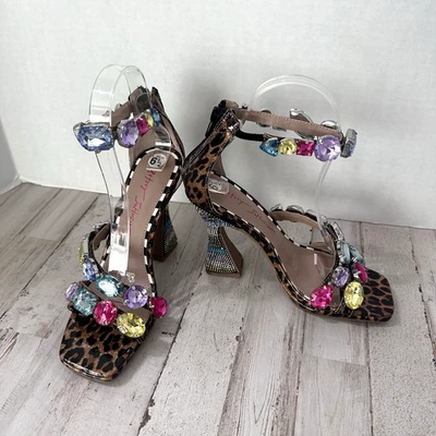 Betsey Johnson Lillie Heels 6.5M Leopard Rhinestone Block Heel Statement Sandals - Image 1 of 4