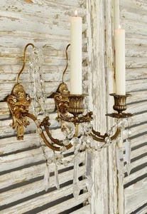 Gorgeous Pair Antique French Candle Wall Sconces, Lion's Head & Crystals - Picture 1 of 21