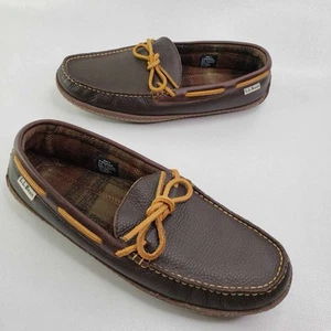 LL Bean Moccasin Loafers Men’s 9 Brown Leather Hand Sewn Slippers Flannel Lined - Bild 1 von 9