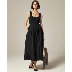 J Crew XS Tall Dress Drop Waist A Line Cotton Poplin Sleeveless Long Midi Black - Picture 1 of 13