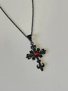 Black Gothic Cross Pendant Necklace with red gem stone Y2K - Picture 1 of 5