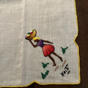 vtg Hand embroidered Haiti handkerchief palm tree Hankie Hanky - Picture 1 of 4