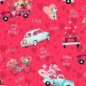 XOXO Hugs & Kisses Nursery Baby Love Script Puppy Cars Floral Basket Hearts BTY - Picture 1 of 2