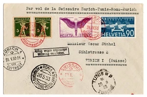 Airmail Switzerland-1933-Suissair Zürich Tunis Rome Zürich Flight-Nice Cancelled - Picture 1 of 2