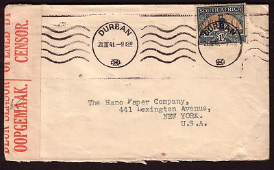 1941 WWII UC8 censor cover South Africa Durban to Lexington Ave New York - Image 1 of 2