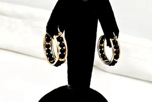 ESTATE 14K GOLD 3MM BEADED ONYX HOOP EARRINGS,PIERCED,EXCELLENT - Picture 1 of 9