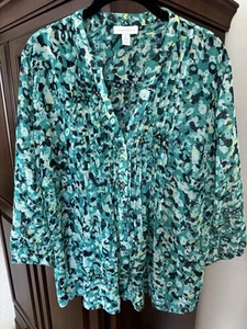 Charter Club Green Floral w/Silver Metallic Sheer Pintuck Blouse - XL - Picture 1 of 5