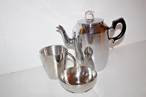 Sona Chrome Percolator Stove Top Coffee Pot, Mug & Sugar Bowl Vintage Kitchen - Picture 1 of 17
