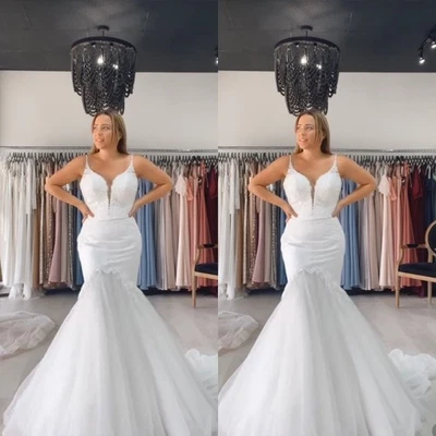 Vestidos de novia sirena tirantes de espagueti blanco marfil tul vestido de novia personalizado Foto 1 de 4
