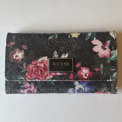 GUESS Women's Black/Pink Patent Floral Print Trifold Wallet - Image 1 of 4