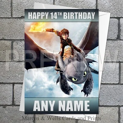 MARTYN & WELLS How To Train Your Dragon birthday card. 5x7 inches. Personalised, plus envelope.
