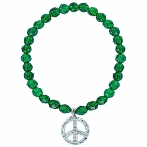 925 Sterling Silver Green Faceted Quartz Stretch Peace Sign Dangle Bracelet - Picture 1 of 1