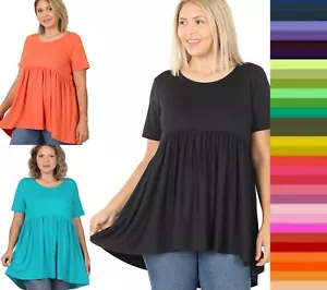 1X 2XL 3XL Round Neck Short Sleeve Empire Waist Baby Doll Rayon Top High Low Hem - Picture 1 of 64