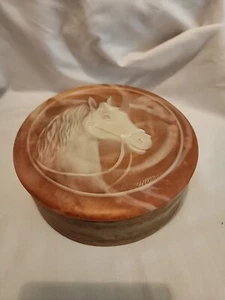 Incolay Stone Horse Head Jewelry Trinket Box Signed Robert Nemith Pink Swirl - Picture 1 of 8