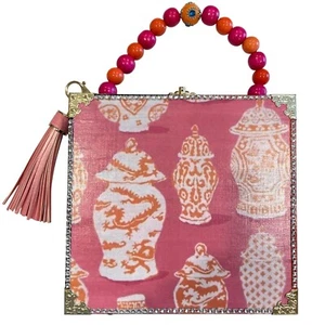 Humadorables By Susan Cigar Box Purse OOAK Pink & Orange Beaded Handle Tassel - Picture 1 of 18