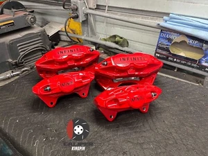 Akebono Big Brake Calipers Powder Coated Gloss Red Black Infiniti Lettering - Picture 1 of 8