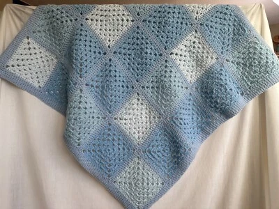 Handmade Blue Crochet Knit Baby Infant Nursery Blanket - 37" x 37" Square - Image 1 of 4