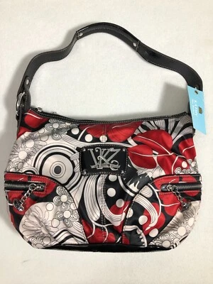 Nuevo con etiquetas Bolso de Mano Kathy Van Zeeland Hobo Rojo Blanco Negro Cremalleras Abstractas Correa Negra Foto 1 de 4