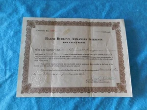 Antique 1923 Ralph Dudley's Arkansas Interests Stock Certificate 2 Share of $10 - Picture 1 of 2