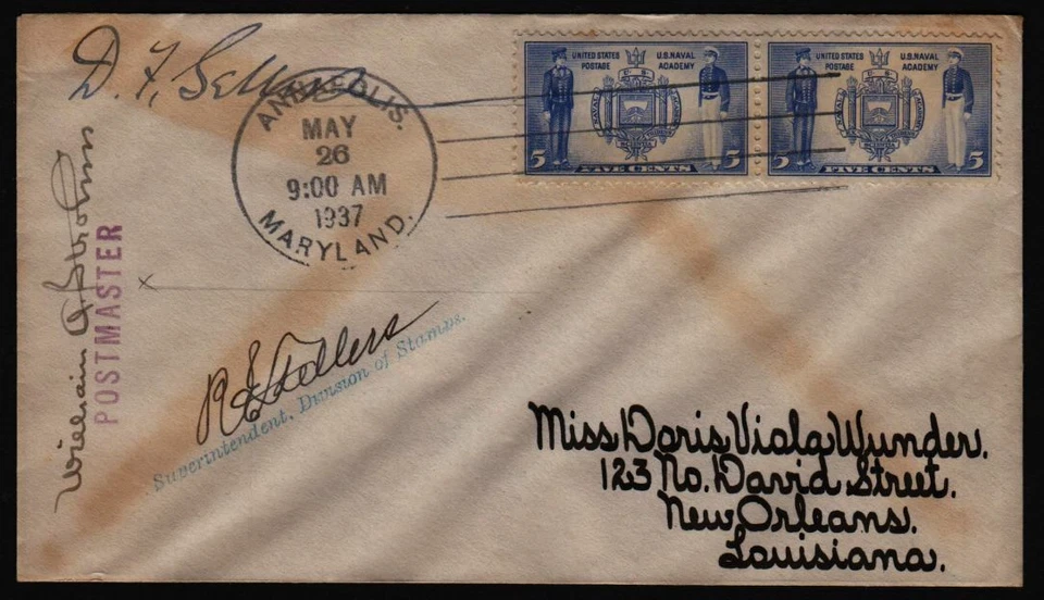 1937 Sc 794 5c Army Navy FDC, Admiral, Postmaster, etc signatures, to Wunder - Image 1 of 3