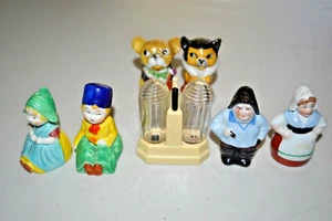 Vintage Double Glass-Presingoll-Dutch Kids-Dog & Cat Salt Pepper Shakers - Picture 1 of 14