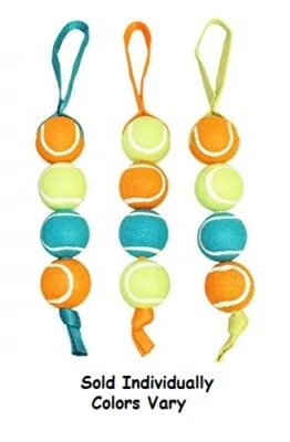 Dog Toy Four Tennis Ball Tug Tough Nylon Handle Fetch Play Colors Vary 16" Long  - Image 1 of 4