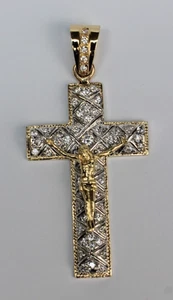 Large 14K 2-Tone Gold Cross Crucifix Religious Pendant with CZ: @ 22.4 grams - Picture 1 of 21