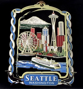 Seattle Washington Ornament Colored Brass City Skyline Scene Ferry Space Needle - Picture 1 of 7