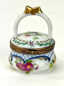 Vintage Limoges France Porcelain Hinged Floral Trinket Box Handled Flower Basket - Picture 1 of 11