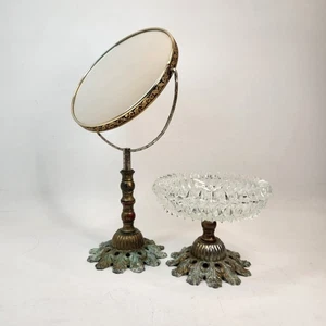 VTG Vanity Mirror And Trinket Dish MCM Ornate Stand Lots Of Petina - Picture 1 of 14