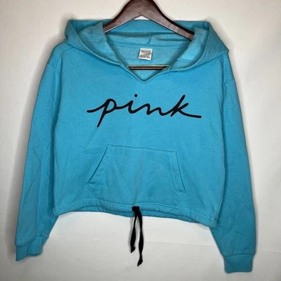 PINK Victoria’s Secret Hoodie XS Blue Pullover Cropped Drawstring Logo Sweatshir - Изображение 1 из 4