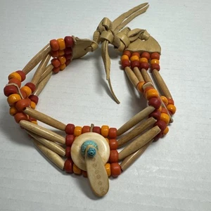 Native American Choker Orange & Red W/Turquoise? Bone? & Leather, Crow Beads 22” - Picture 1 of 10