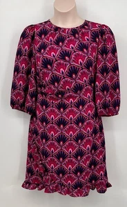 Maggy London Ruffle Hem Dress Size 10 Puff Sleeve Pink Purple Print Polyester - Picture 1 of 9