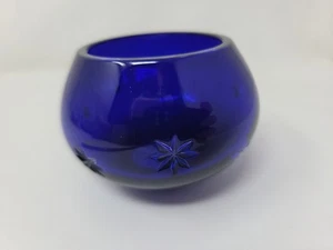 Marked Fabergé Cobalt Blue Cut Glass Bowl – Starburst Base, Etched Floral Detail - Picture 1 of 6