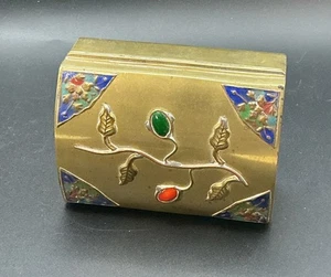 Vintage Messing verziert Blume Schmuck Halter Etui rot / grün Stein Intarsien Dekor - Bild 1 von 3