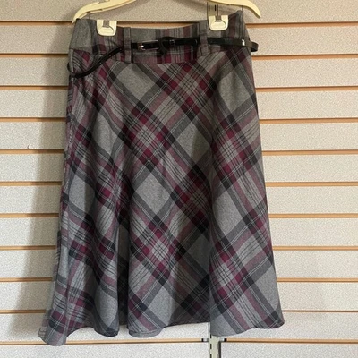 Falda midi a cuadros Dressbarn para mujer talla 8 línea A con cinturón gris borgoña negra Foto 1 de 4
