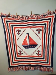 Vintage Handmade Crocheted Afghan Blanket Sailboat Anchors In Red White And Blue - Picture 1 of 5