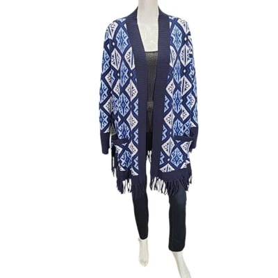 Cárdigan Isaac Mizrahi Live Elegante Estampado Geo Jacquard Flecos 3X Talla Grande Azul Foto 1 de 4