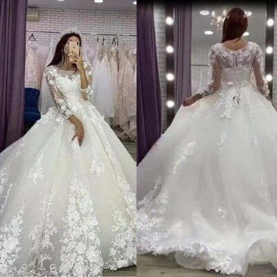Elegant Wedding Dresses O-Neck Long Sleeves Lace Applique Bridal Gowns Plus Size - Image 1 of 4