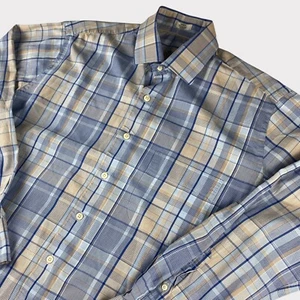 Peter Millar Men's Plaid Button-Up Shirt Size Medium Blue Brown Yellow Pocket - Picture 1 of 5