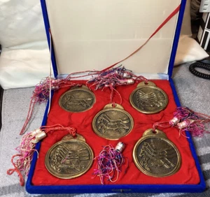 Set Of 5 Korean Ma'pae Heavy Brass Horse Warrants Medallions in Display Box - Picture 1 of 9