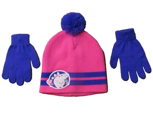 NEW PEPPA PIG GIRLS KNIT PINK AND PURPLE WINTER HAT & GLOVES SET - Picture 1 of 3
