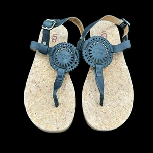 UGG Ayden II T Strap Leather Black Thong Sandal Flats Size 8 New WOB Cork Heel - Picture 1 of 7