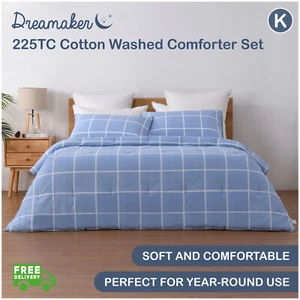 Dreamaker 225TC Cotton Washed Comforter Set Pillowcases Checkered-Blue King - Picture 1 of 11