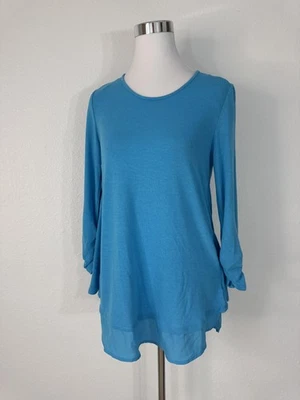 Camisa Grace Elements feminina pequena Aqua Lagoon manga 3/4 bainha em camadas blusa - Imagem 1 de 4