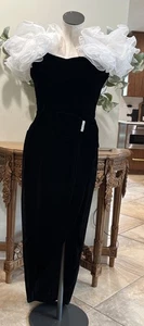 Vintage 80s Women 10 black velvet Faux Wrap Dynasty evening Gown Union Made GG - Picture 1 of 11