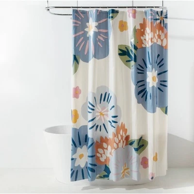 Room Essentials Shower Curtain With Rings Blue White Floral  13 Piece PEVA - Image 1 of 4