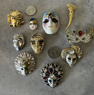 Lot Of 10 Vintage Brooches Faces Mask Masquerade Mardi Gras Carnival Rhinestone - Image 1 of 4